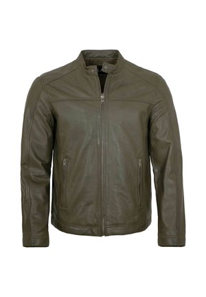 Olivgrüne Lederjacke mit Stehkragen, vorderem Reißverschluss, Druckknopf und zwei seitlichen Reißverschlusstaschen, dargestellt vor weißem Hintergrund.