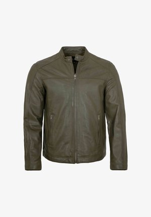 Olivgrüne Lederjacke mit Stehkragen, vorderem Reißverschluss, Druckknopf und zwei seitlichen Reißverschlusstaschen, dargestellt vor weißem Hintergrund.