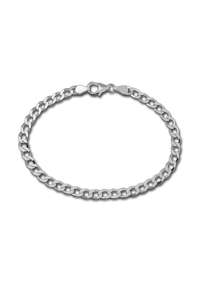 Bracelet en acier inoxydable de couleur argentée en chaîne à maillons, avec fermoir en crabe, présenté sur fond blanc.