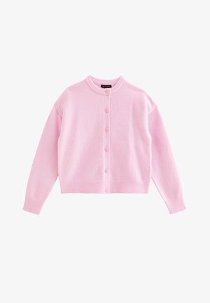 Pink knitted cardigan with a round neckline, button front, and ribbed cuffs. Soft texture, slightly cropped design, and simple button accents.