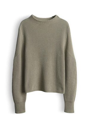 Maglione a maniche lunghe grigio a coste con scollo rotondo e vestibilità leggermente ampia, esposto su uno sfondo bianco.