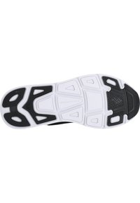 Suola di scarpa sportiva bianca e nera con superficie in gomma testurizzata, caratterizzata da un motivo geometrico e vari ritagli per la flessibilità.