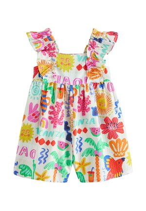 Ärmelloser Overall für Kleinkinder mit Rüschen-Trägern, versehen mit bunten sommerlichen Motiven von Sonnen, Palmen, Wassermelonen, Blumen und abstrakten Formen.