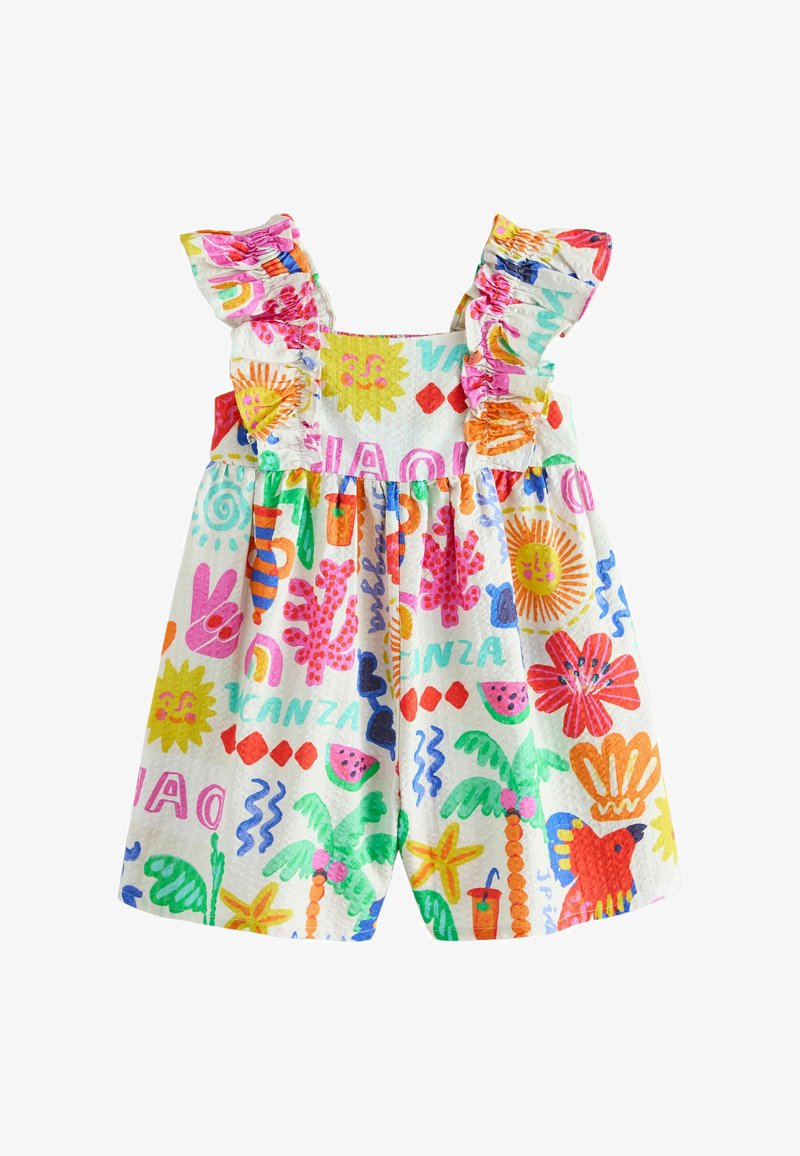 Barboteuse sans manches pour tout-petit avec bretelles à volants, présentant des imprimés colorés sur le thème de l'été, tels que des soleils, des palmiers, des pastèques, des fleurs et des formes abstraites.