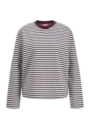 Maglietta a maniche lunghe con collo a girocollo, caratterizzata da sottili strisce orizzontali bianche e bordeaux, e colletto bordeaux a tinta unita.