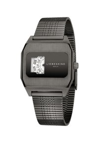 Zwart metalen polshorloge met een octagonale wijzerplaat, grote witte uurmarkeringen en een verstelbare mazenband. Bevat een logo op de wijzerplaat.
