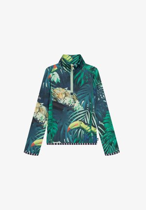 Multifarvet jakke med lange ærmer, der har et junglemønster med leoparder og tukaner, høj krave, halvdelslynlås og stribede kanter.