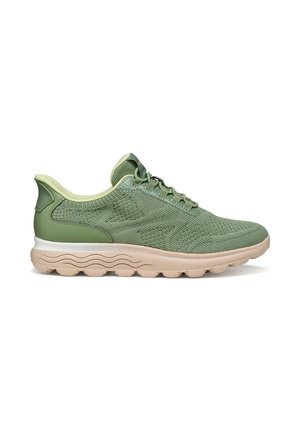 Light green knitted sneaker with beige wavy sole, lace-up front, padded collar, and breathable mesh design on white background.