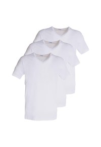 Tre t-shirt bianche a V disposte in un ordine sfalsato, realizzate in un morbido tessuto misto cotone, con maniche corte e un design semplice.