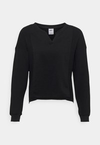 Schwarzer Pullover mit V-Ausschnitt, geripptem Material, tiefen Schultern und langen Ärmeln. Einfaches Design mit cropped Saum.