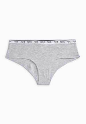 Graue Baumwollunterhose mit einem weißen Bund, der mit schwarzem "next"-Branding versehen ist. Der Stoff hat eine glatte Textur und eine klassische Unterhosenform.