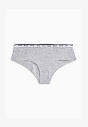 Sivi pamukasti bokserice s bijelim pojasom na kojem je crni natpis "next". Tkanina ima glatku teksturu i klasičan oblik donjeg rublja.