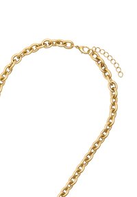 Złoty metalowy naszyjnik łańcuszkowy z połączonymi owalnymi ogniwami, zapięciem na zatrzask typu lobster oraz regulowanym łańcuchem przedłużającym.