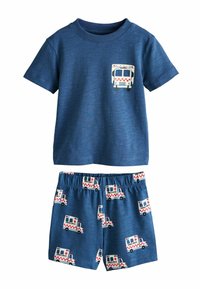 Laste sinine lühikeste varrukatega särk ja lühikeste pükste komplekt, mille särgil on kiirabiauto graafik taskul ning lühikestel pükstel on mitu kiirabiautot trükitud.