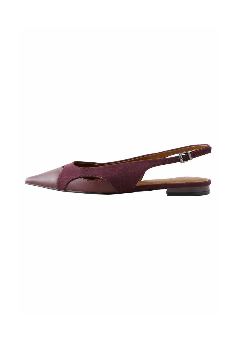 Ballerine slingback bordeaux con punta appuntita, caratterizzate da una combinazione di pelle liscia e suede. Cinturino regolabile con fibbia metallica.
