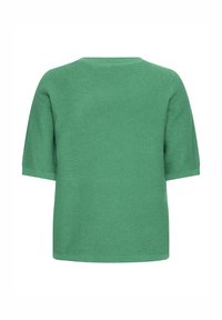 Grüner gestrickter Pullover mit kurzen Ärmeln, Rundhalsausschnitt, horizontaler Struktur und einfachem Design. Keine sichtbaren Logos oder Muster.