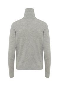 Lys grå halskrave sweater i blød strik, med lange ærmer og en afslappet pasform. Glat tekstur med minimal udsmykning.