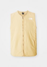 Yellow, sleeveless vest made of lightweight fabric, featuring a front zipper and a left chest logo. Smooth texture and clean design.