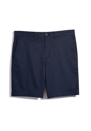Navy blue, lightweight shorts with a straight cut, front pockets, belt loops, and a button closure. Smooth texture, casual design.