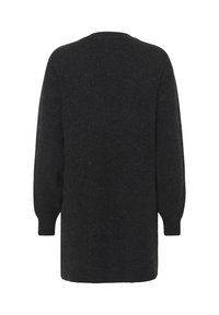 Zwarte gebreide jurk met lange mouwen, ribgebreide manchetten en een ronde hals, vanaf de achterkant getoond op een witte achtergrond.