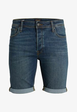 Ciemnoniebieskie szorty dżinsowe z podwiniętymi nogawkami, zapięciem na guzik, przednimi kieszeniami i szlufkami na pasek, oznaczone etykietą "Jack & Jones" w talii.
