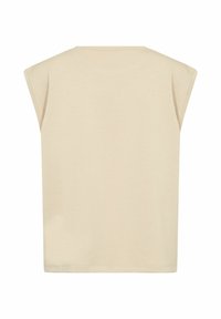 Cream-colored, sleeveless top with a rounded neckline, made of soft fabric. Features wide armholes and a straight cut. Simple design.