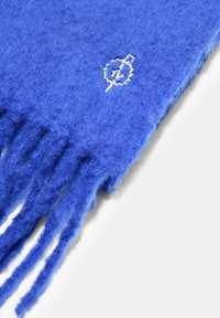 Sciarpa di lana blu con una texture morbida, caratterizzata da bordi sfrangiati e un piccolo dettaglio logo ricamato bianco.