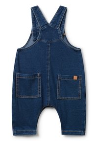Salopette in denim, blu scuro, con spalline regolabili, due tasche frontali e dettagli di cucitura. Texture morbida con una vestibilità comoda.