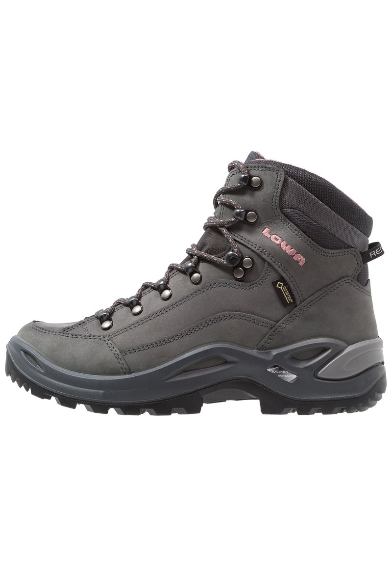 Grau wasserdichte Wanderschuhe mit strukturiertem Obermaterial, Metallösen, verstärkter Zehenkappe und Gummisohle mit tiefen Traktionsstollen.