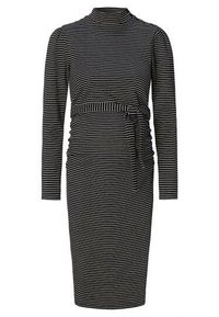 Robe midi à manches longues rayée noir et blanc à rayures horizontales avec col montant et ceinture assortie à nouer à la taille.