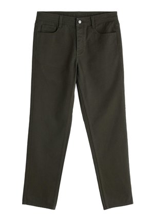 Pantalones de un verde oliva oscuro, fabricados en tejido de algodón, que cuentan con un diseño clásico de cinco bolsillos y un corte recto con cierre de botón.