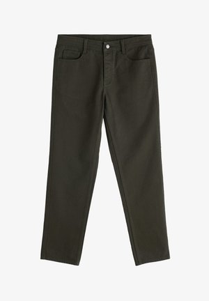 Dunkelolivgrüne Hose aus Baumwollstoff, mit klassischem Fünf-Taschen-Design und geradem Beinabschluss sowie Knopfverschluss.