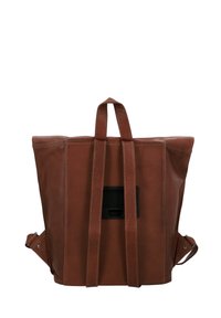 Brown leather tote bag with two top handles, a zippered pocket on the back, and visible stitching accents. Smooth texture, rectangular shape.