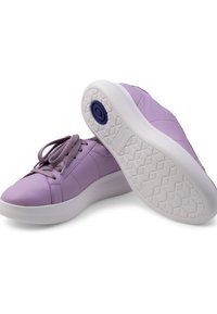 Purple leather sneakers with a smooth texture, featuring a rounded toe, lace-up design, and a white, textured rubber sole.