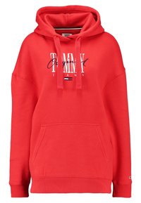 Rotes Hoodie mit Fronttasche, verstellbaren Kordeln und "Tommy Jeans"-Logo mit kleinem Flaggenemblem auf der Brust.