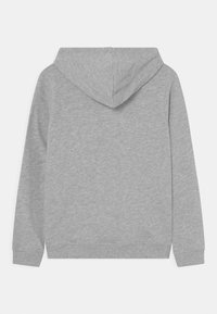 Felpa grigia con cappuccio realizzata in un tessuto morbido, con vestibilità comoda, maniche lunghe e una texture liscia. Senza grafiche o motivi visibili.