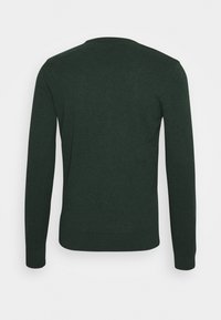 Pull vert foncé à manches longues avec poignets et ourlet côtelés, présenté de dos sur un fond uni gris clair.