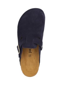 Marineblaue Wildleder-Slipper mit zwei Ausschnitten und verstellbarem silbernen Schnallenverschluss, versehen mit einer braunen strukturierten Innensohle, die mit der Größe 37 gekennzeichnet ist.