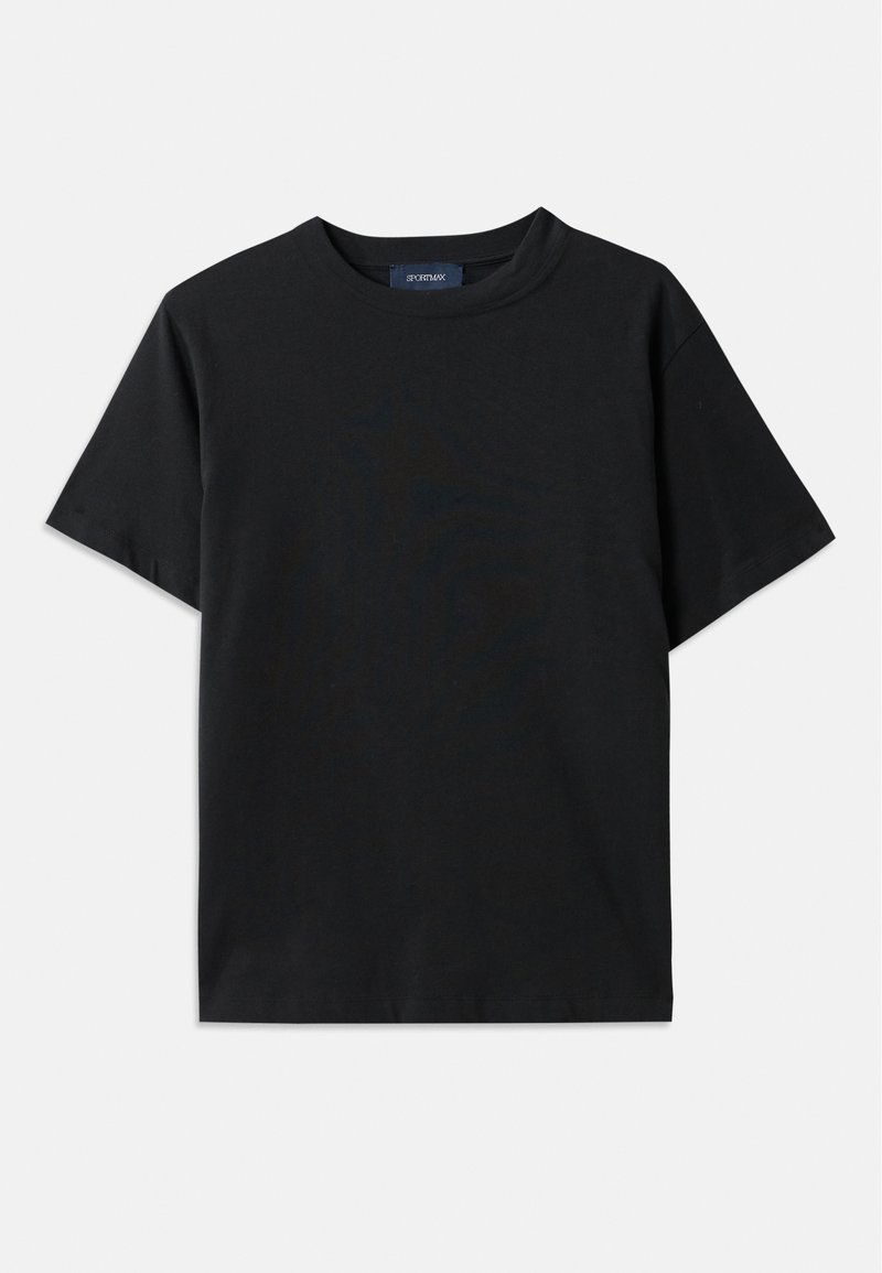 Black cotton short-sleeved t-shirt with a round neck, featuring a slightly loose fit and plain design without patterns or accents.