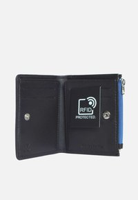 Black leather wallet with blue accents, featuring slots for cards, an RFID protection card, and a snap closure. Soft texture, compact design.