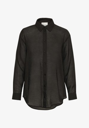 Fekete, áttetsző gombos ing, hegyes gallérral, hosszú ujjakra és ívelt héjjal. Elöl kis fekete gombokkal díszítve.