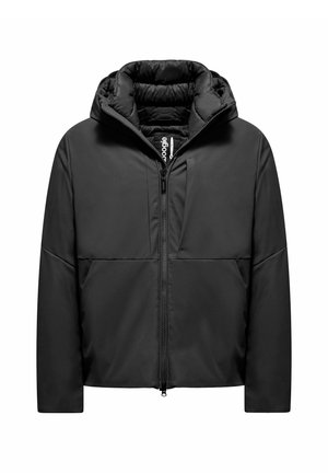 Black jacket with a zip front, hood, and padded lining. Features a smooth exterior and two front pockets for storage. Sleek, modern design.