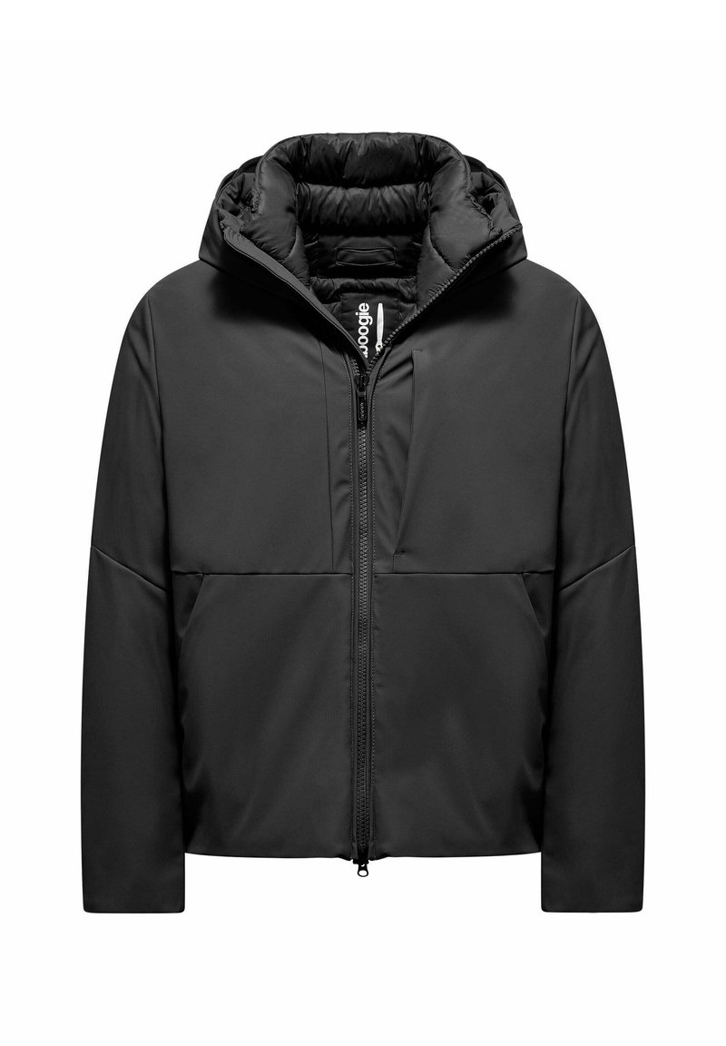 Giacca nera con zip frontale, cappuccio e fodera imbottita. Presenta una superficie liscia e due tasche anteriori per lo stoccaggio. Design elegante e moderno.