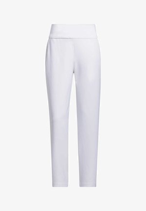 Bílé, tvarované kalhoty s širokým pasem, hladkým povrchem a bez viditelných kapes nebo vzorů, s tapered nohavicemi.