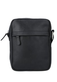 Černá kožená crossbody taška s hladkým povrchem, obdélníkovým tvarem, horním zipem, přední kapsou na skládání a jemně embosovaným logem.