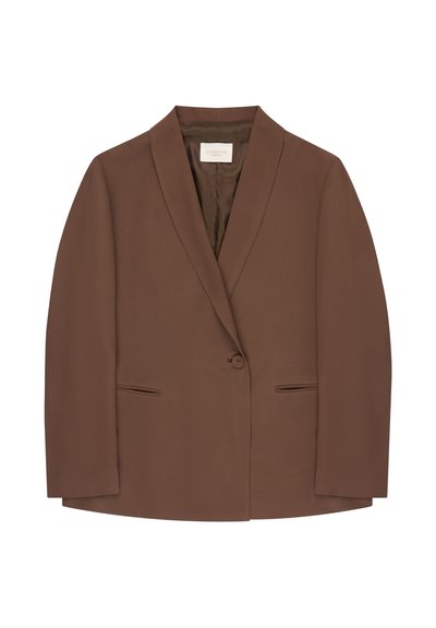 Brauner Ein-Knopf-Blazer mit Kerbkragen, zwei vorderen Schlitztaschen und einem glatten, satinähnlichen Innenfutter.