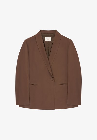 Brauner Ein-Knopf-Blazer mit Kerbkragen, zwei vorderen Schlitztaschen und einem glatten, satinähnlichen Innenfutter.