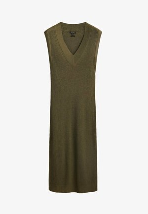 Ærmeløs midikjole i olivengrøn strik med V-udskæring og ribbet struktur, designet til afslappet eller semi-formelt brug.