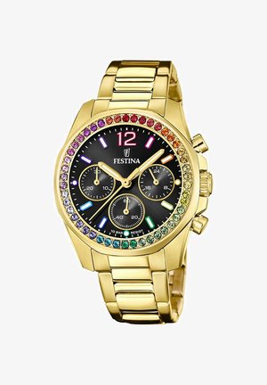 Orologio cronografo in acciaio inossidabile dorato con quadrante nero, bezel in cristallo arcobaleno, lancette luminescenti e tre sottodial. Modello di Festina.