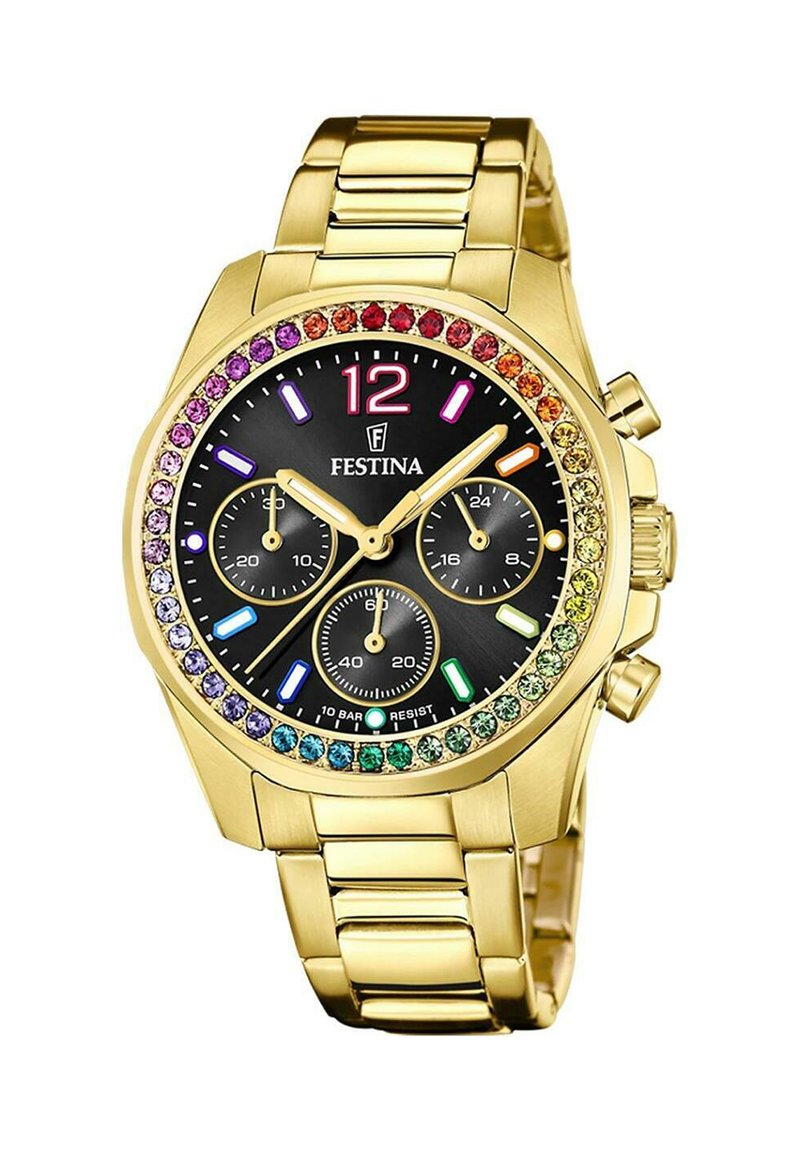 Orologio cronografo in acciaio inossidabile dorato con quadrante nero, bezel in cristallo arcobaleno, lancette luminescenti e tre sottodial. Modello di Festina.